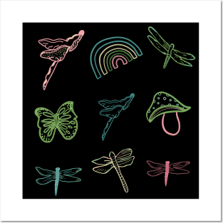 Butterfly, dragonfly and mushroom Posters and Art